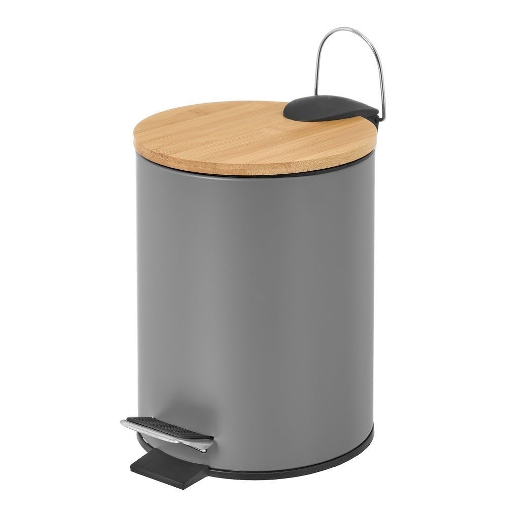 LOLAhome - Papelera de 3 litros de Pedal de Metal Gris y Tapa de Bambú para Baño - Cubo Interior Extraíble y Acabado Mate Antihuellas