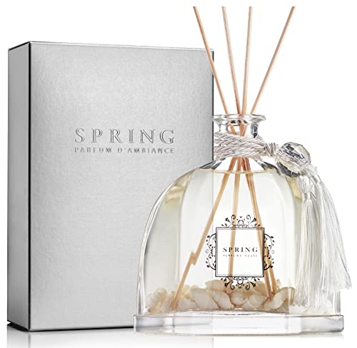 SPRING Fragrance Reed Diffuser Set | Very Large 10.14 Oz (300ml) | Fragrance Made in France| Scented Aromatic Oil | Room Air Freshener Seashells White Flower | Lily of The Valley, Magnolia and Jasmine