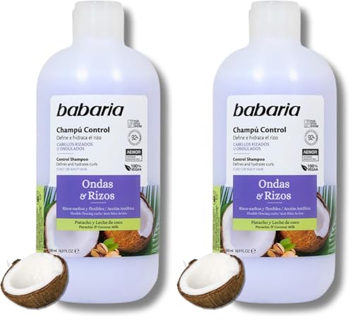 Babaria - Champú Rizos Y Ondas Control | Coconut Rizos Con Leche De Coco Y Pistachos | Shampoo Natural 500ml | Champu Sin Sulfatos Ni Parabenos (Paquete de 2)