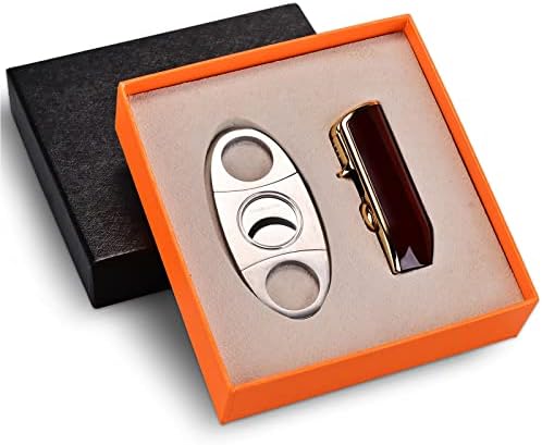 CIGARLOONG Cigar Cutter and Lighter Set Double Blade Simple Cigar Guillotine and 3 Jet Torch Blue Flames Refillable Lighter(Color:Cherry)