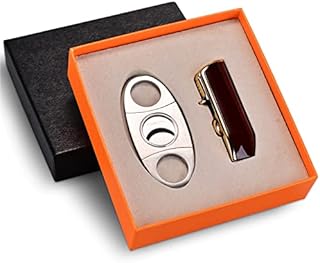 CIGARLOONG Cigar Cutter and Lighter Set Double Blade Simple Cigar Guillotine and 3 Jet Torch Blue Flames Refillable Lighter(Color:Cherry)