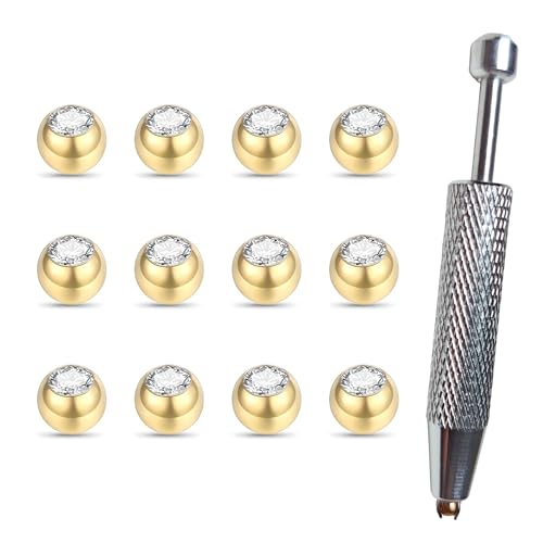 Gold Replacement Piercing Balls 16G 3mm Compatible for Externally Threaded Septum,Ear, Labret Piercings and Piercing Ball Grabber Tool,12 Pieces