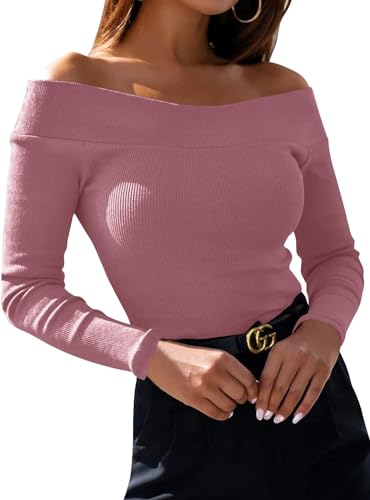 Fessceruna Damen Langarmshirt Sexy Schulterfreies Pullover Elegant Herbst Oberteile Casual Slim Fit(Rosa,S)