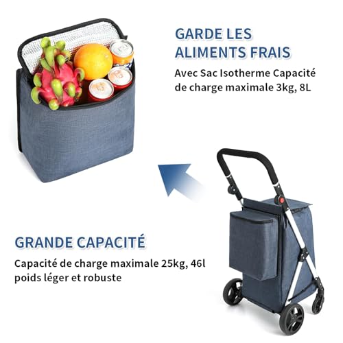 LEUYA ABC Einkaufstrolley, 46 l, Einkaufstrolley, 4 Räder, mit Kühltasche, verstellbare Griffe, Einkaufstrolley, faltbar, leicht, aus Aluminium (blau) – Bild 5