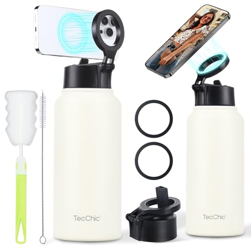 Insulated Water Bottle with Magnetic Phone Holder Compatible with MagSafe and iPhone,Double-Sided Magnet,Hot 12H Cold 24H,Stainless Steel Water Bottle Phone Mount for Sports Travel,32oz (Ivory)