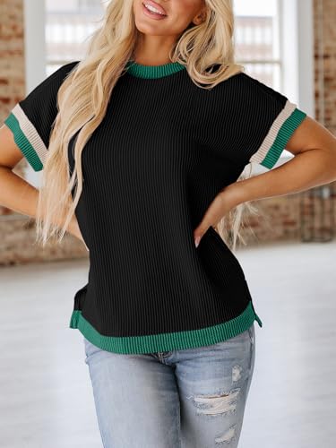 Womens Color Block Oversized Tops Trendy Casual Summer Textured Ribbed Knit T Shirts Loose Fit Short Sleeve Tshirts4