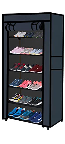 Image of Multi Utility 6 Layer Shelf Collapsible Metal Pipes with Non-Woven 100GSM Fabric Cover for Shoe /Cloth /Toy /Books Rack (Black, Metal)