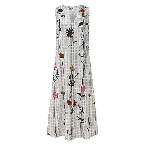 Vestidos de verão femininos casuais com estampa de folhas, botões, gola V, sem mangas, bolso, vestid