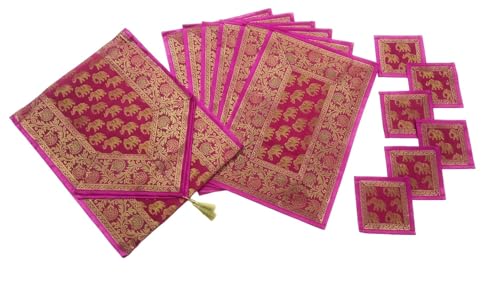 Image of Diwali Room Decor Silk Table Runner Placemats Tea Coaster Set for Living Room 4 to 6 Seater Dinning Table Table Mat Set Centre Table Top Decor Pack of 13 Pcs (Pink)