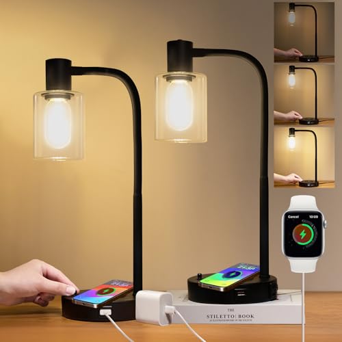 Jomshine Industrial Table Lamp with Wireless Charing Fully Stepless Dimmable Lamps Nightstand Lamps Desk Lamp with Glass Shade Reading Lamp for Office Living Room (Black 02)