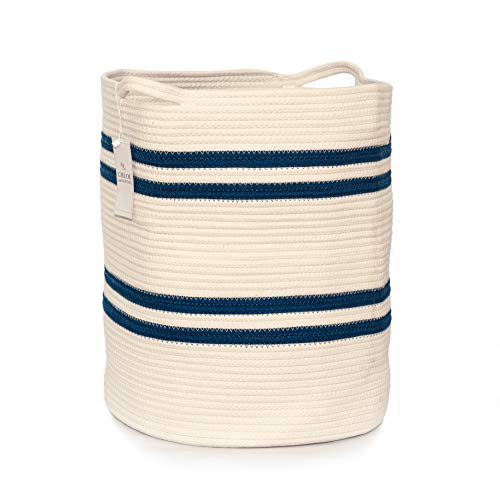 Chloe And Cotton Large Living Room Blanket Basket | Tall Woven Jute Rope Basket For Storage | 19 X 16 X 16 Inches | Laundry Hamper For Nursery & Bedroom | Cream & Navy #TOP9