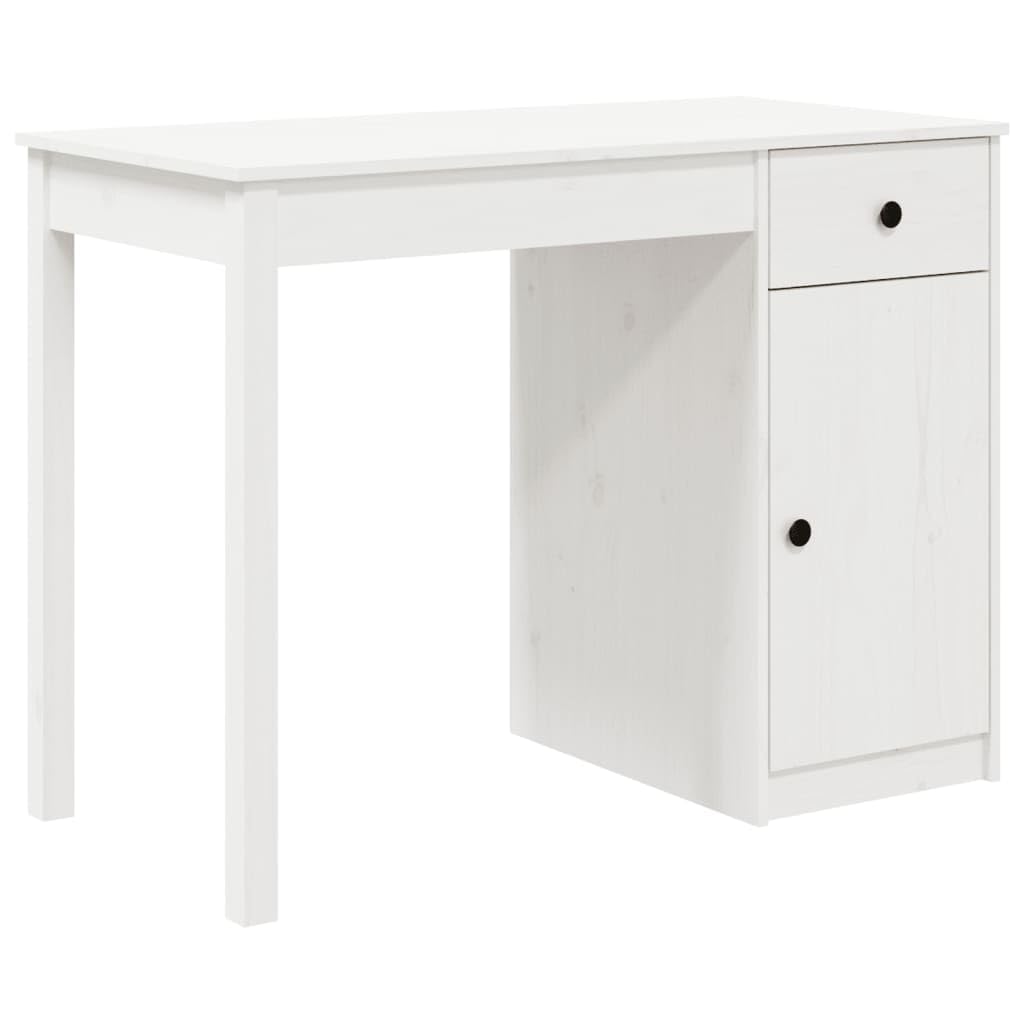 Escritorio blanco 100 x 50 x 75 cm de madera maciza de pino con cajón y armario, amplia superficie de trabajo para ordenador y libros, ideal como mesa de ordenador o mesa de trabajo