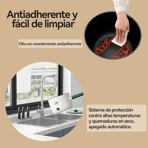 Olla eléctrica con vaporera, sartén antiadherente portátil multifuncional con doble control de potencia, olla eléctrica Shabu-Shabu para avena, fideos y ramen, 1.5L (verde A) - imagen 4