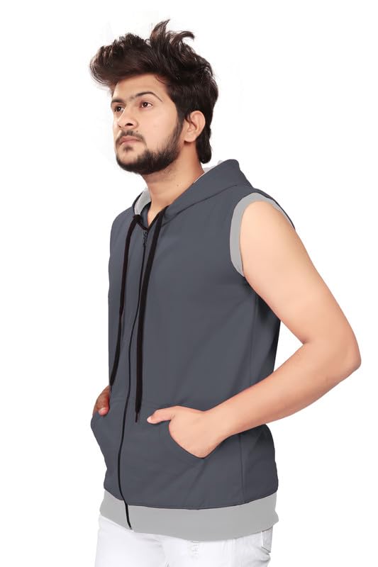 Image of Various Dots Men's Sleeveless Hooded T-Shirt | Cotton Zipper Hoodies | Vest Sandoz with Cap and Kangaroo Pocket | Regular Fit Jacket for Light Warm | Trendy Look | for Men and Boy