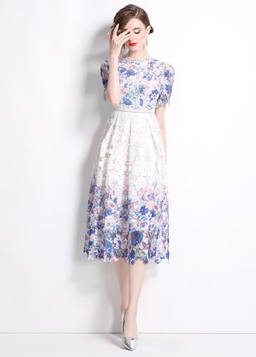 Image of LAI MENG FIVE CATS Women's Lace Floral Short Sleeve Crochet Waist Cocktail Midi Dress