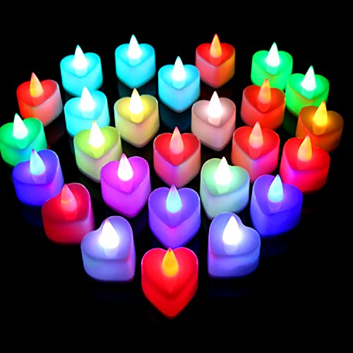 Uhat Lot de 24 bougies chauffe-plat sans flamme en forme de cœur avec LED à changement de couleur pour célébration, fête Cover