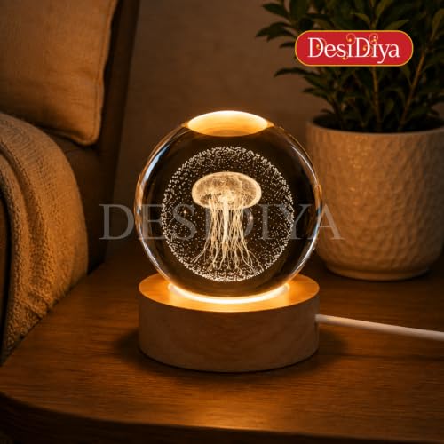 Image of Desidiya 3D Crystal Jelly Fish Lamp | Engraved Crystal Ball LED Night Light with Wooden Base, USB Powered | Romantic Home Decor & Valentine Day Gift for Her, Him & Couples (Warm White)