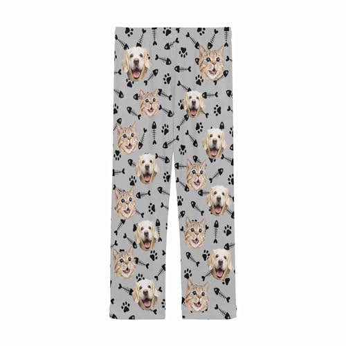 Personalized Dog Cat Photo Face Pajama Pants for Men Custom Dog Paws Fish Bones Pajama Sleepwear Bottoms with Pockets4