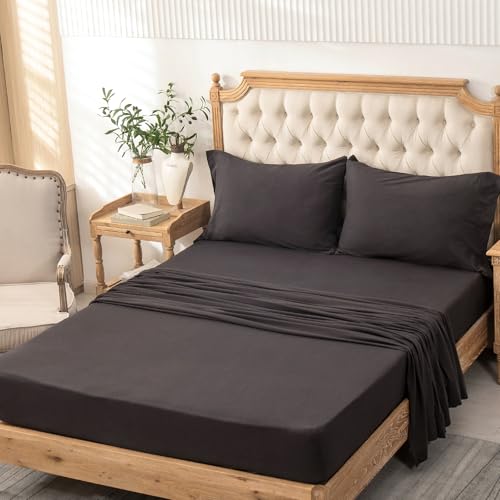 PURE ERA Jersey Knit 4pc Bed Sheet Set 100% T-Shirt Cotton Super Soft Comfy Breathable Fits Mattress Up to 20" Extra Deep Pocket (Solid Deep Brown, King)