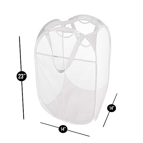Smart Design Deluxe Mesh Pop Up Square Laundry Hamper W/ Side Pocket & Handles - Ventilair Fabric Collapsible Design - For Clothes & Laundry - Home - (Holds 2 Loads) (14 X 23 Inch) [White] #TOP2
