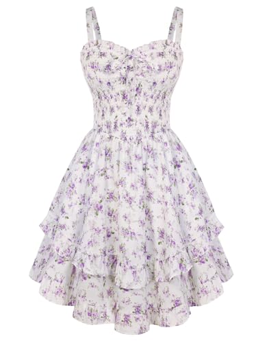 Scarlet Darkness Smocked Floral Sundresses for Women Teens 2026 Summer Flowy Ruffle Mini Dress White Purple Floral M