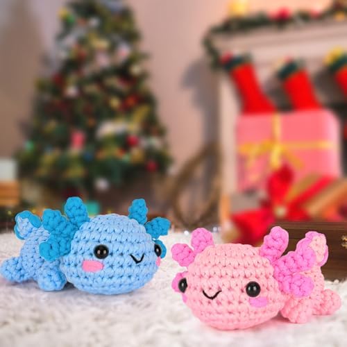 Crochetta Crochet Kit for Beginners, Beginner Crochet Starter Kit w Step-by-Step Video Tutorials, Learn to Crochet Kits for Adults Women Men, DIY Knitting Supplies, Axolotls (Blue and Pink) — view 6