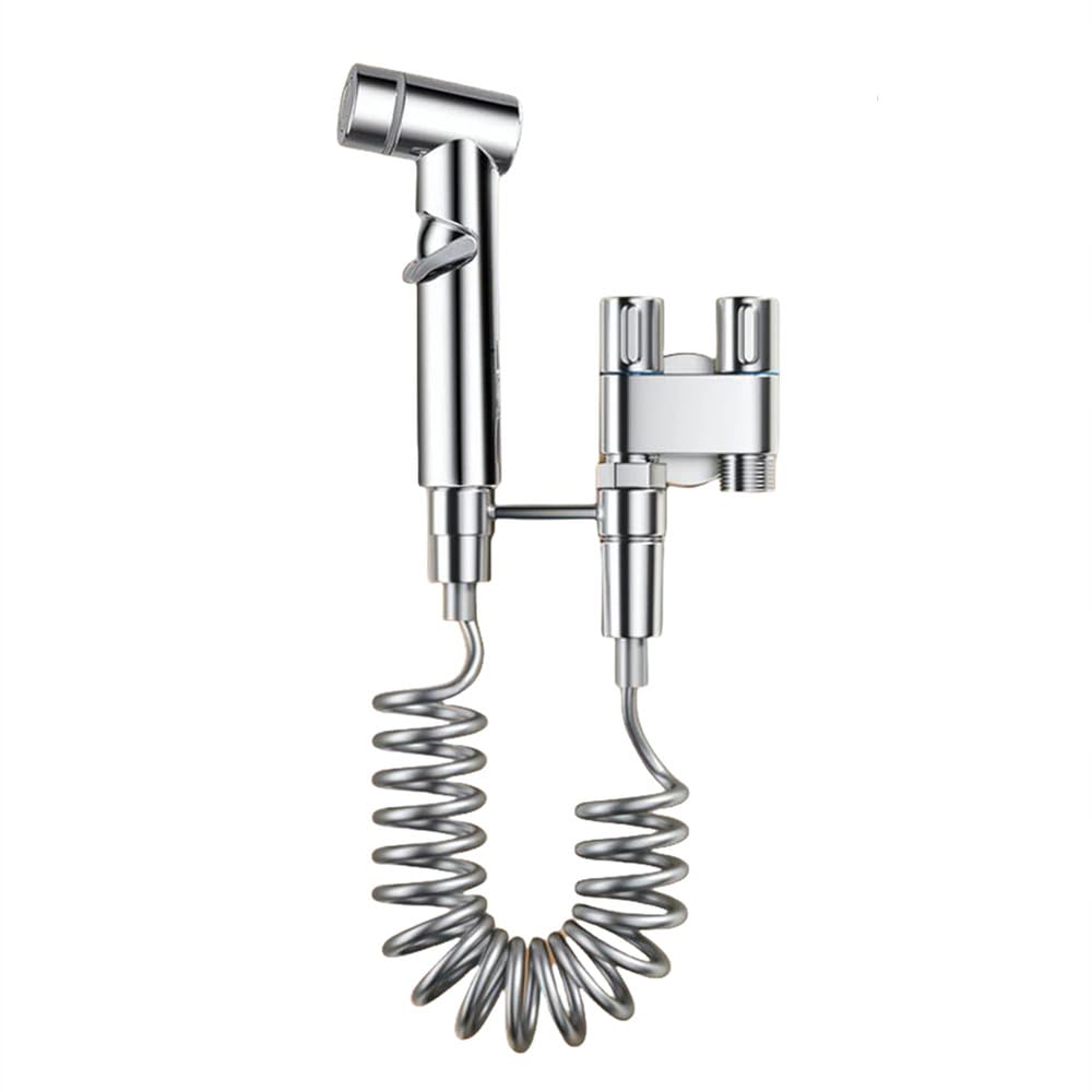 Juego de rociador de bidé para inodoro con válvula angular de aleación de zinc para montaje en pared, limpieza de agua de una entrada y dos salidas para accesorios de baño, juego plateado, como se mu