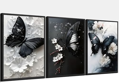 3 PCS 2D No Texture White and Black Butterfly Canvas Wall Art Flower Painting Poster Black Butterfly Wall Decor Pictures for Living Room Bathroom Bedroom Home Decoration 12*16 in (Poster No Frame)