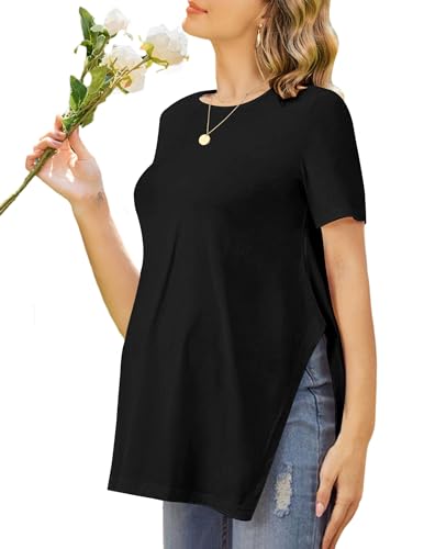 Image of Ekouaer Women's Maternity Shirts Short Sleeve Pregnancy Tops Blouses Split Side Casual Crewneck Pregnant Tunic Tee Black XXL