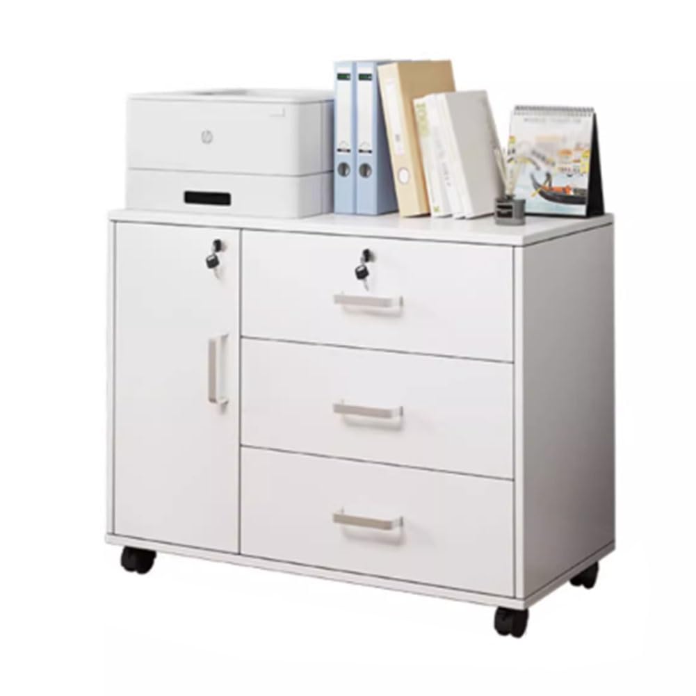 ASerZenith Mobile File Cabinet Printer Stand With Lockable Drawers For Home Office Commercial Grade,White-60X37X57Cm
