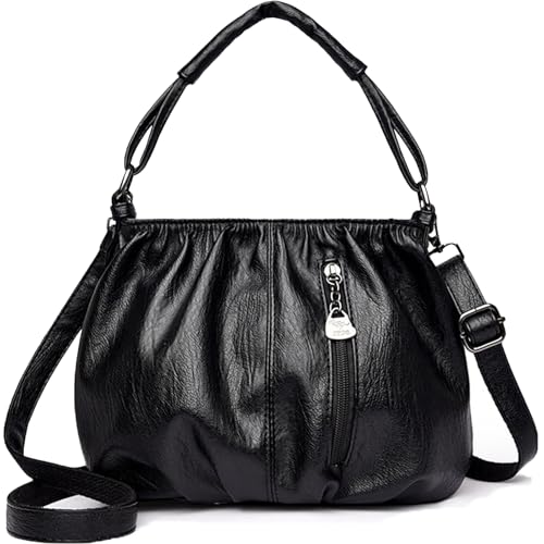 Casual Pleated Bucket Soft Leather Handbag Shoulder Bag, Slouchy Hobo