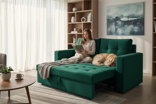 Image of FURNY Tressa 2 Seater Fabric Pull-Out Sofa Cum Bed (Tealish Green) - Premium Velvet Finish - Durable Comfort - Ideal for Living Room