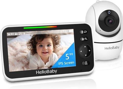 HelloBaby Baby Monitor with Camera and Night Vision, 5''Display with 30-Hour Battery, Pan-Tilt-Zoom Video Baby Monitor No WiFi, 2-Way Talk, Temperature, 8 Lullabies and 1000ft Range