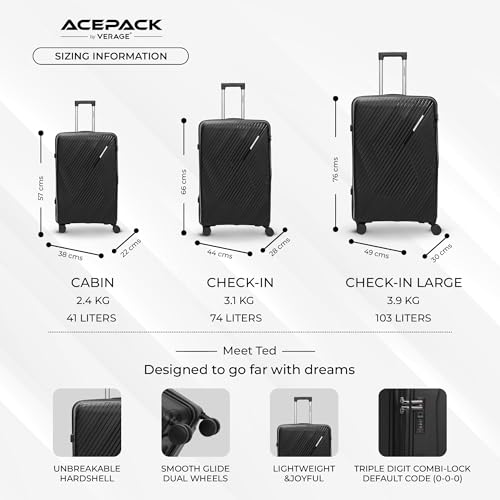 Image of VLITE Ted Set of 3 (S+M+L) Lightweight Polypropylene Suitcase | Anti-Theft Double Zipper | Built-in Number Lock | Spacious & Durable Luggage | 3-Year Warranty (Black)
