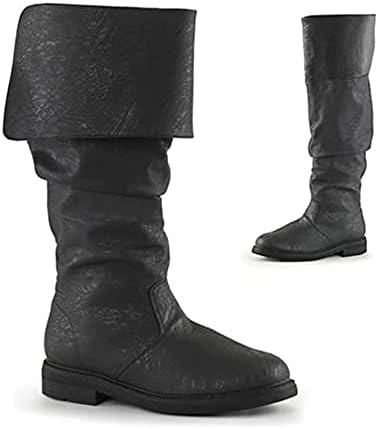 Bnjghcug Medieval Male/Female Pirate Boots - Renaissance Pull On Mid Calf Gothic Boots Flat Boots Round Toe Mid-Heel Cuffed Knight Boots,Black,47