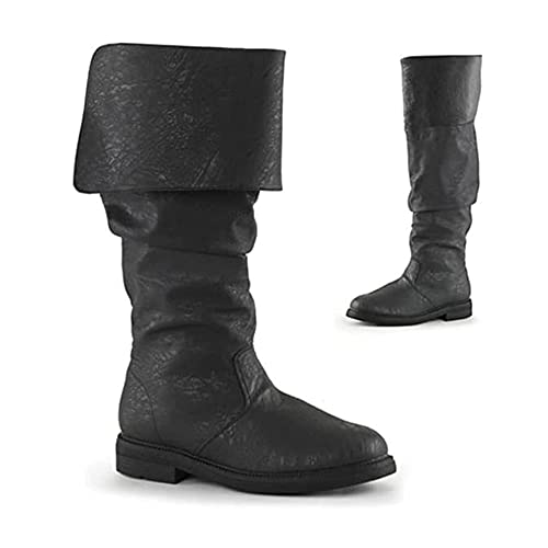 Bnjghcug Medieval Male/Female Pirate Boots - Renaissance Pull On Mid Calf Gothic Boots Flat Boots Round Toe Mid-Heel Cuffed Knight Boots,Black,47 #TOP2