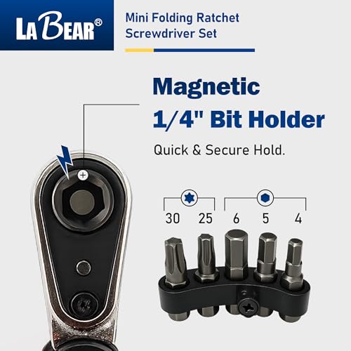 Image of LABEAR Green Mini Folding Ratchet Screwdriver Set with 5 Bits | 72-Tooth reversible pocket ratchet, magnetic 1 /4 inch bit holder, keychain-ready EDC tool