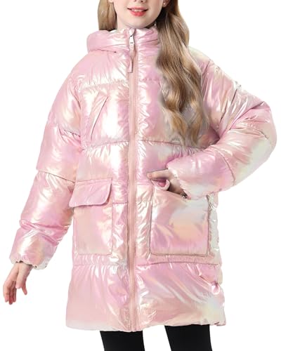Cutemile 5-12 Years Girls Winter Long Fleece Coat Parka Metallic Puffer Jacket Outwear with Hooded
