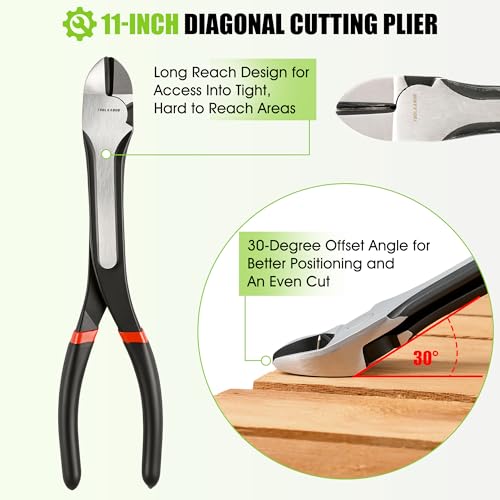 Image of TOOLEAGUE 11 inch Diagonal Cutting Nose Plier, Non-Slip Grip, Straight Extra Long Diagonal Wire Cutters for Electrical, Home Repairing,Jewelry Making and Mechanics