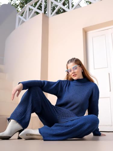 Image of Kvetoo Women Winter Coord Set Wool Blend High Neck Sweater and Wide Leg Pants Warm Tracksuit Pajama Set Two Piece Knitwear Travel Wear for Lounge Casual Office
