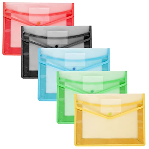SOLSTM A4 Plastic Folders - Expandable Document Folder in Assorted Colours, Clear Plastic Wallet Folders with Snap Closure & Card Slot, Large Capacity - Holds Up to 800 Sheets of A4 Paper (Pack of 5)