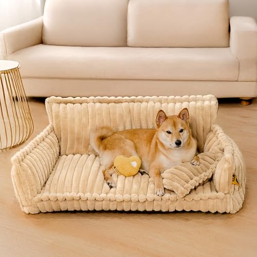 FUNNY FUZZY Dog Bed for Medium Large Dogs - Orthopedic Dog Sofa with Removable Washable Cover and Anti-Slip Bottom, Supportive Foam Pet Couch Bed, Camel, XL