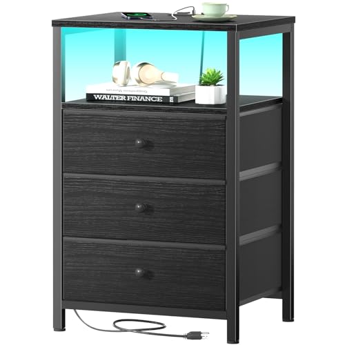 Image of BOLUO Black Night Stand with 3 Fabric Drawers, Nightstand with Charging Station LED Nightstand for Bedroom, Bedside Table with USB Ports and Outlets Modern
