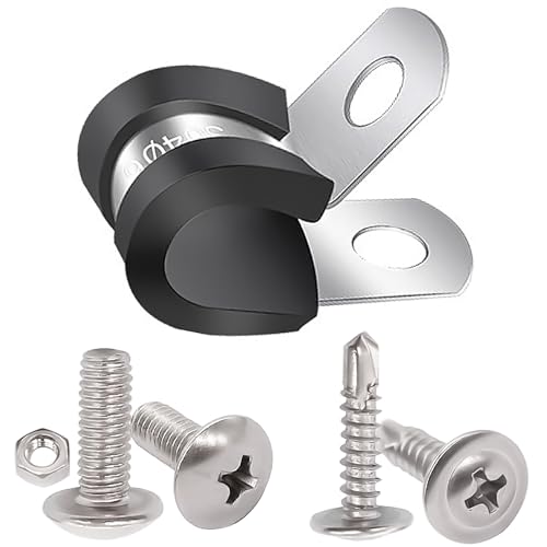 Twidec/50PCS 1/4 Inch Cable Clamp 304 Stainless Steel Rubber Coated Cushion Pipe Clamps,Metal Clamp,With Metal Rubber Clips For Automotive Wire Tube Pipe Clamps N-056-1/4