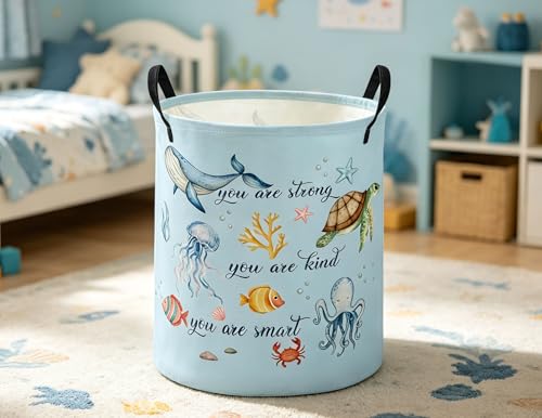 Image of ESSME Kids Laundry Basket,Ocean Hamper Collapsible Canvas Waterproof Storage Bin for Boys, Cute Hamper,Gift Baskets(Ocean)