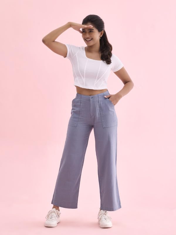Image of GO COLORS Solid Linen Cargo Pants for Women | Full Length, Mid Rise, Side Pockets