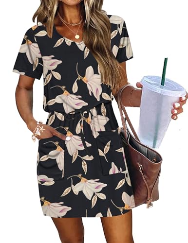 Image of AUSELILY Womens Summer Dresses 2026 Causal Short Sleeve V Neck Tie Front Mini Short Dress with Pockets