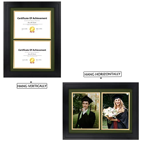 Golden State Art 14X20 Double Diploma Frame, Black Frame To Dispalay Double 8.5X11 Document With Green Over Gold Mat,Solid Wood & Tempered Glass Protection #TOP3