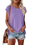 MEROKEETY Women's Casual Cap Sleeve T Shirts Basic Summer Tops Loose Solid Color Blouse, Lavender, Small
