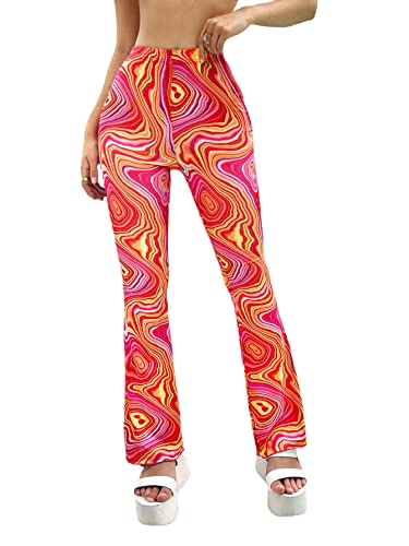 Wdirara Women's Floral Print Elastic Waist Flare Leg Pants Stretchy Casual Long Pants Multicolour Marble M #TOP18